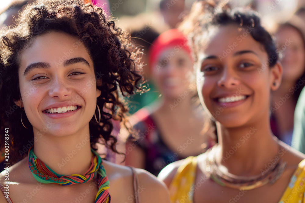 Fototapeta premium Close-up portrait of two happy diverse young women smiling at a sunny outdoor festival