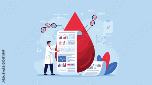 Clinical professional analyzing a long health data report next to a giant red blood drop symbolizing hematology tests and medical research.