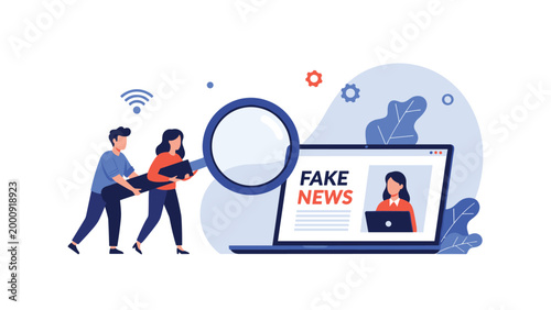 Two people using a large magnifying glass to inspect fake news on a laptop screen representing media literacy, fact-checking, and truth.