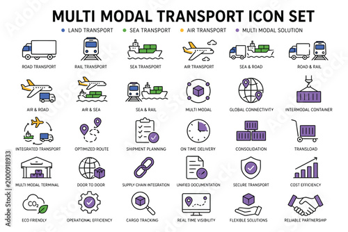Multi-modal transport icon set with various vehicles and logistics symbols