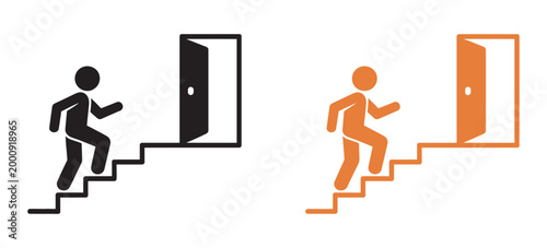 Man Walking Up Stairs, towards open door success exit directional symbols vector illustration business growth opportunity concept achievement pathway design
