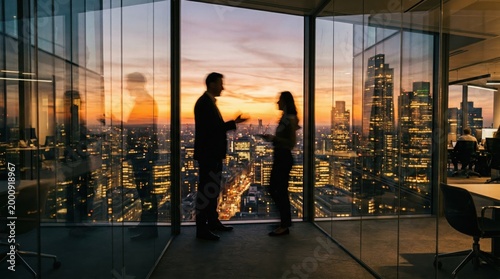 Two Business Executives Discussing Partnership In Glass Office At Sunset