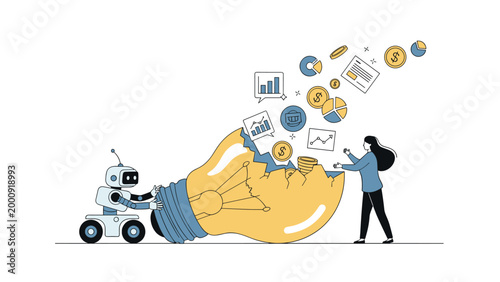 Robot and human woman working together to extract financial data and icons from a giant cracked lightbulb representing collaborative innovation.