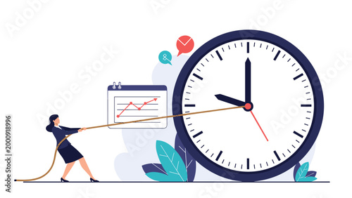 Businesswoman pulling a rope attached to a giant clock next to a growth chart symbolizing time management, deadline pressure, and urgency.