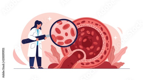 Scientist using a magnifying glass to inspect a human artery filled with red blood cells representing cardiology research and healthcare.