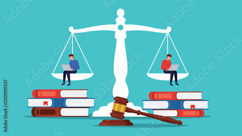 Two people working on laptops while sitting on the scales of justice above law books representing legal technology and fair judicial practice.