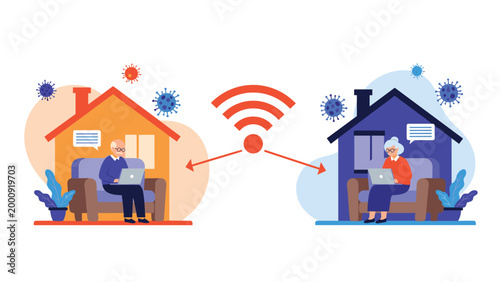 Elderly couple staying connected through wireless internet while isolated in separate homes during global pandemic quarantine.
