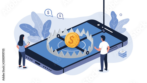 People standing near giant smartphone screen featuring a dangerous coin trap as a metaphor for mobile financial scams.