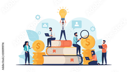 Creative professional team collaborating on educational projects using books and ideas to generate financial success and wealth.