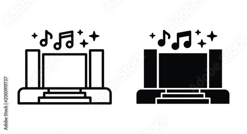 Concert stage icon set with musical notes and sparkles, vector illustration of a music performance platform