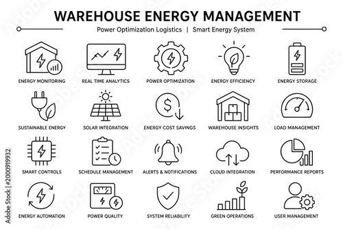 Warehouse energy management system icons set for smart logistics