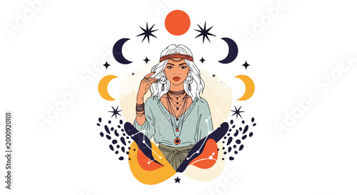 Boho Woman Illustration with Moon Phases and Stars