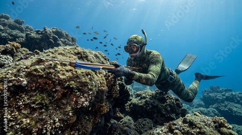 Underwater Spearfishing Hunter with Spear Gun in Coral Reef