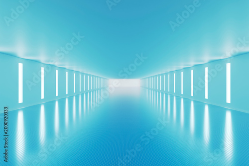 Futuristic blue corridor with glowing wall light panels view