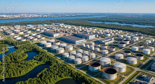 Aerial view of a large industrial complex featuring numerous storage tanks, pipelines,