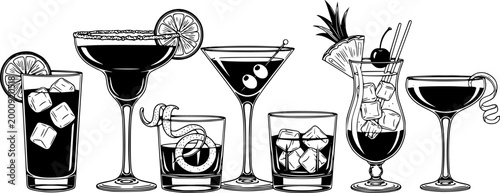 Assorted cocktails collection vector black and white illustration. Various drinks in different glasses with garnishes.
