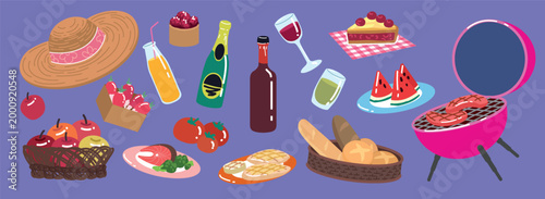 Picnic. Food cartoon. Lunch outdoor dining. Park spring vacation. Cute summer snack. Wicker basket, wine bottle, cold beverages, cake, catering products and barbecue. Vector isolated illustration