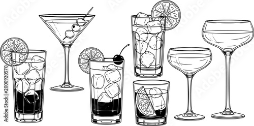 Assorted cocktails collection vector black and white illustration. Various drinks in different glasses with garnishes.
