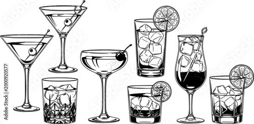 Assorted cocktails collection vector black and white illustration. Various drinks in different glasses with garnishes.
