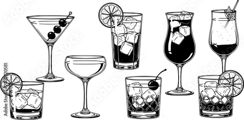 Assorted cocktails collection vector black and white illustration. Various drinks in different glasses with garnishes.
