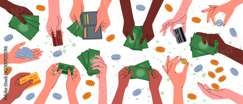 Money in hand. Wallet cash to pay. Person spend. Bill card, receive payment. Bank give, take economy. Coin finance. Vector financial transactions garish cartoon flat style isolated illustration set