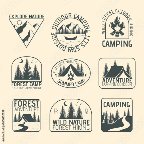 Camping expedition logo set. Emblem for adventure camp. Badge hiker. Icon summer travel. Forest label, sticker mountain climbing tourism silhouette. Vector emblem garish nature isolated illustration