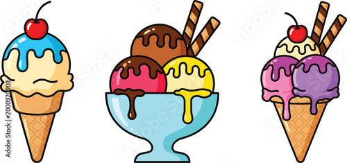 Cartoon ice cream desserts with cones, scoops, syrup, and cherries in colorful vector illustration for commercial use