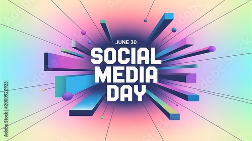 Social media day graphic with abstract bursting shapes and text celebration internet technology communication