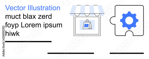 E-commerce, online retail, digital marketing, business operations, customer service, process management. Storefront with a shopping bag, puzzle piece with gear. E-commerce and business operations