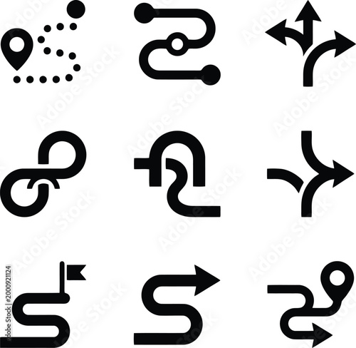 Verschiedene Icons für Wege, Routen und Navigation, die unterschiedliche Pfade und Richtungen darstellen.