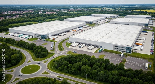 Aerial view of a large modern logistics center with multiple distribution warehouses and truck
