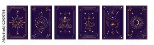 Tarot card. Celestial sun, astrology icon. Line mystical symbol. Esoteric moon, magic star ornaments. Spiritual sign on poster. Pattern esoteric decorative design. Vector background isolated set