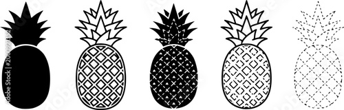 Simplified pineapple icon. Symbol of tropical fruit: black silhouette, outline lines, and dashed line. Five style variations.
