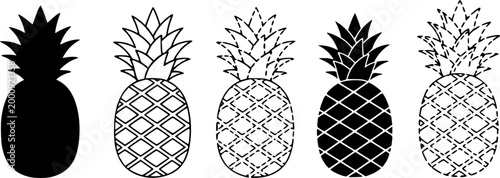 Simplified pineapple icon. Symbol of tropical fruit: black silhouette, outline lines, and dashed line. Five style variations.
