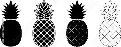 Simplified pineapple icon. Symbol of tropical fruit: black silhouette, outline lines, and dashed line. Five style variations.
