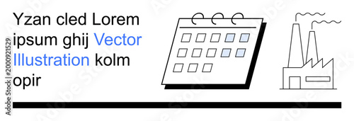 Productivity, environmental impact, industrial scheduling, business organization, energy production, factory management. Calendar, factory outline and placeholder text. Productivity and industrial