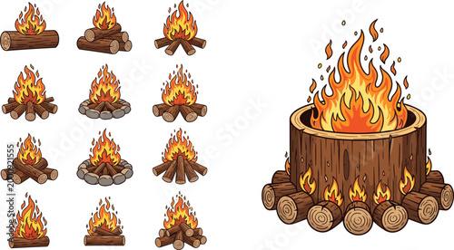Campfire and Burning Log Icon Set with Wooden Fire Pit, Bonfire Flames, and Outdoor Camping Fire Illustrations for Survival and Nature Design