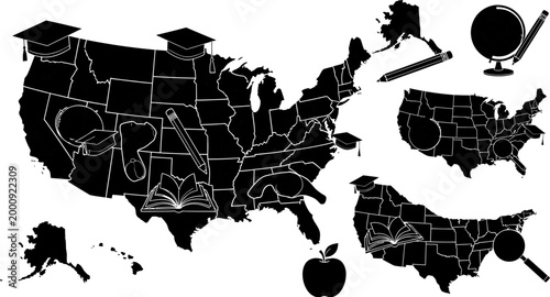 American educational map icons with USA states and school supplies  graduation caps books globes and more