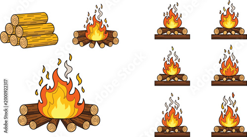 Campfire and Burning Firewood Icon Set with Cartoon Flame Illustrations for Outdoor Camping, Survival, Heating, and Nature Themed Design Projects