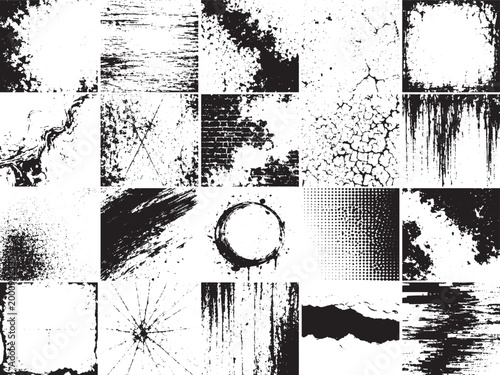 Grunge texture collection black ink splashes brush strokes cracked wall abstract set