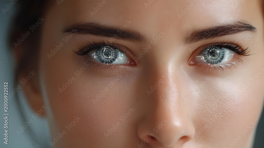 Fototapeta premium Intense close up portrait highlighting deeply reflective eyes suggesting technological insight and human cognitive focus