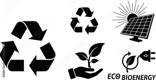 Eco friendly bioenergy and recycling symbols with solar panel and green leaf