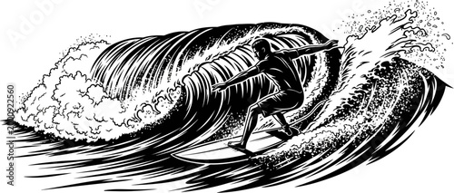 Man surfing on a large wave in the ocean on a surfboard in a dynamic pose