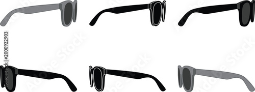 Detailed black and grey flat vector illustration collection of stylish sunglasses silhouettes shown from a side profile view for fashion accessories.