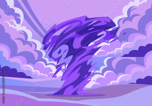 Tornado game. Air hurricane. Wind vortex with purple clouds. Natural disasters. Magic twist attack. Atmosphere spiral windstorms. Stormy twisters. Dangerous catastrophe. Vector magical whirlwind swirl