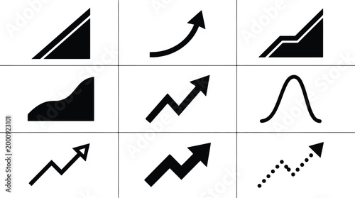Verschiedene schwarze Icons, die Wachstum, Fortschritt und steigende Trends in Diagrammen und Statistiken darstellen.