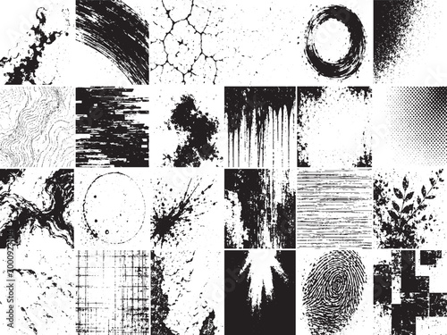 Abstract Grunge Texture Set – Black Ink Splashes, Distress Overlays, Brush Strokes Collection