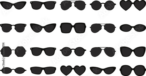 Detailed black and white flat vector illustration collection of various sunglasses silhouettes featuring heart, cat eye, aviator, and round eyewear frames.