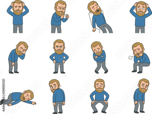 Bearded Man Expressing Negative Emotions and Tired Body Language CAD Drawing Flat Vector Illustration Set