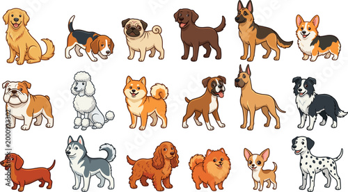 Vector illustration set of various dog breeds including golden retriever, beagle, pug, and dalmatian, on white